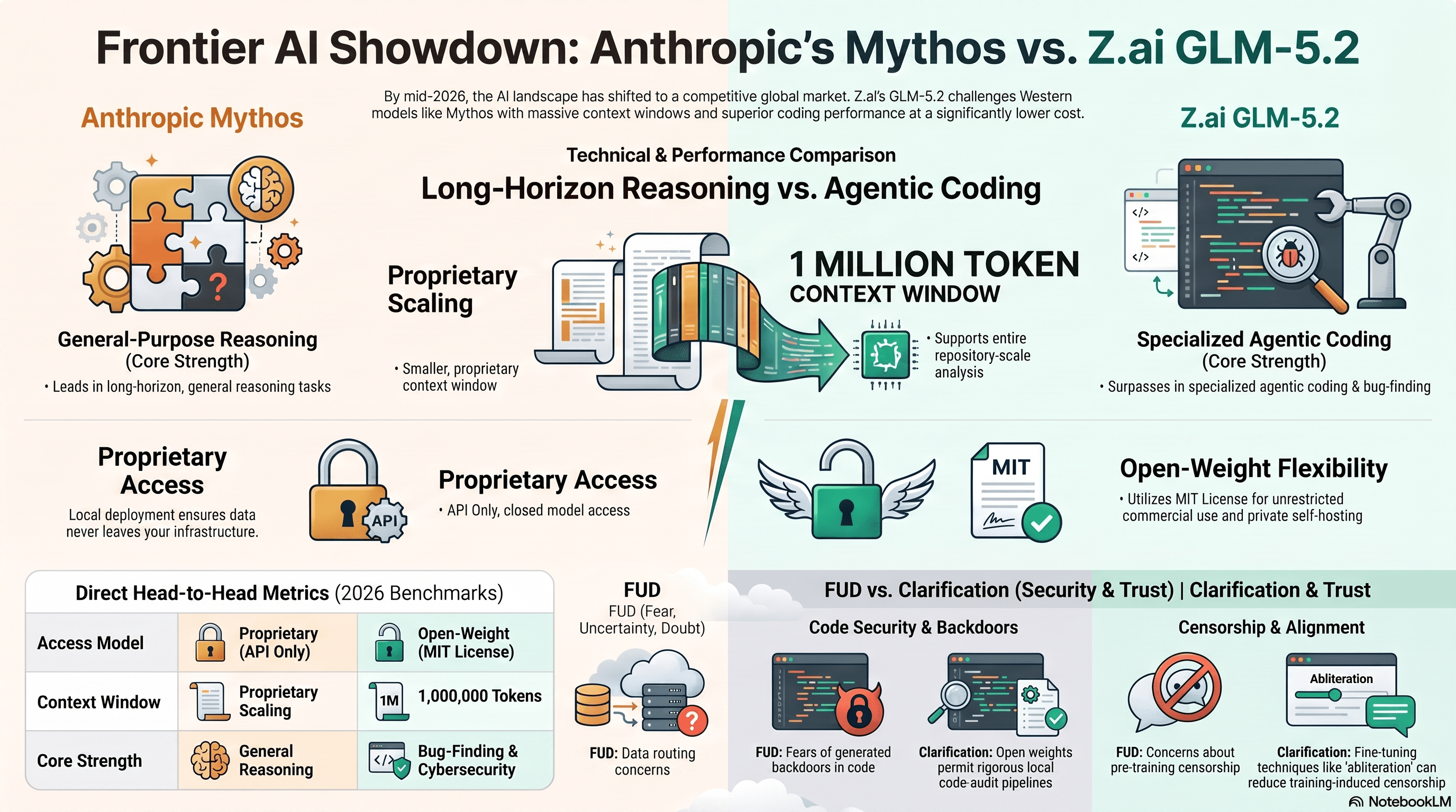 Image: Frontier AI model comparison infographic: Mythos vs Z.ai GLM-5.2