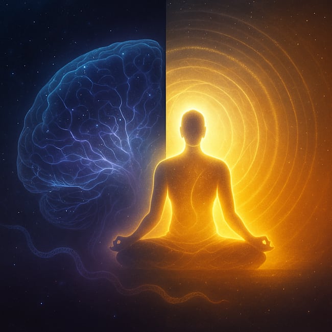 Split digital painting: left half shows a glowing, violet-blue human brain against a starry cosmos; right half blends into a golden silhouette of a meditating figure radiating luminous rings, with a faint snake-shaped line fading into light at the center.

